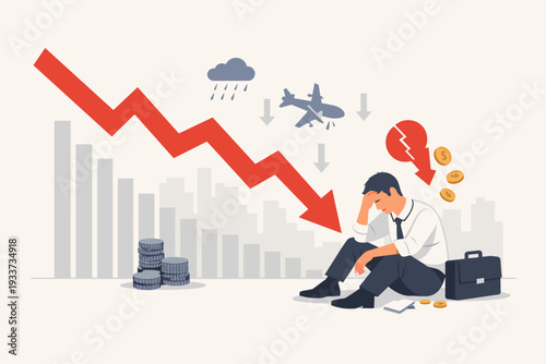 Stressed businessman sitting on the ground with a falling red arrow and bar chart representing financial loss, stock market crash, economic recession, capital decline, and investment failure.