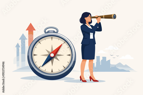 Businesswoman Looking Through Telescope Next to Large Compass and Upward Arrows, Concept of Visionary Leadership, Strategic Direction, Career Growth, Gender Equality, and Future Planning Success