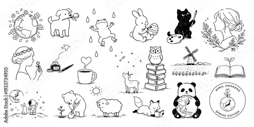 春の動物と自然モチーフの手描き線画イラストセット、Hand-Drawn Line Art Illustration Set of Spring Animals and Nature 
