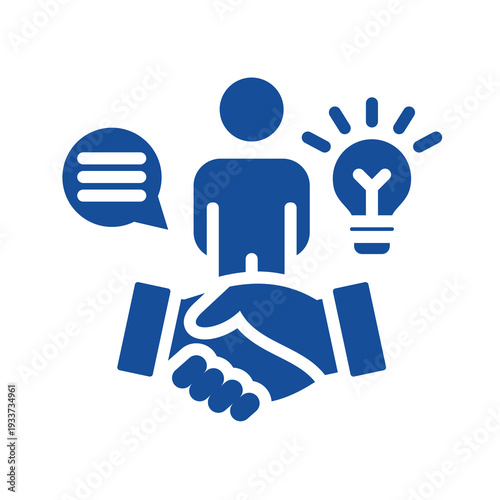 Blue icon of a person with a handshake and ideas isolated on transparent background