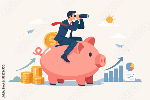 Businessman sitting on a piggy bank looking through a telescope for investment opportunities, financial growth, wealth management, stock market analysis, mutual funds, and retirement planning.