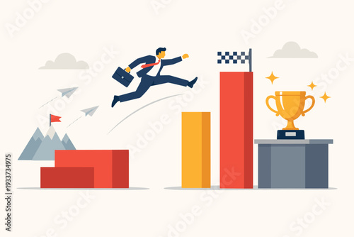 Ambitious businessman jumping over bar chart obstacles to reach the finish line and golden trophy, concept of business success, career growth, overcoming challenges, and achieving target goals.