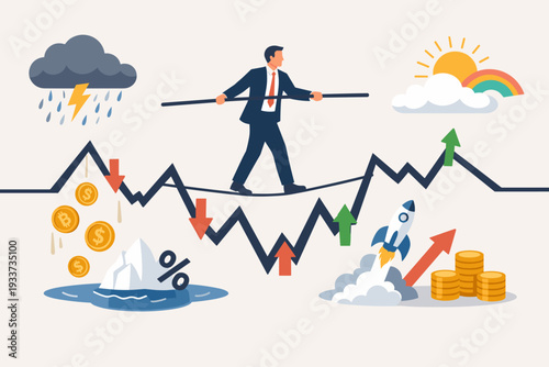 Businessman Tightrope Walking on Volatile Stock Market Graph with Bitcoin and Dollar Coins, Illustrating Financial Risk, Investment Uncertainty, Economic Fluctuation, Market Growth, and Recession.