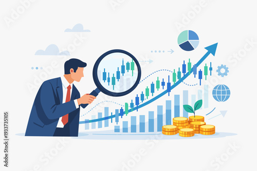 Businessman analyzing stock market data with a magnifying glass, financial research and investment growth concept with candlestick charts, upward arrow, gold coins, and economic forecast icons.