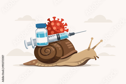 Slow COVID-19 Vaccine Rollout Concept Illustration with a Snail Carrying a Syringe, Vial, and Coronavirus Particle, Representing Delays in Global Immunization and Healthcare Distribution Efforts.
