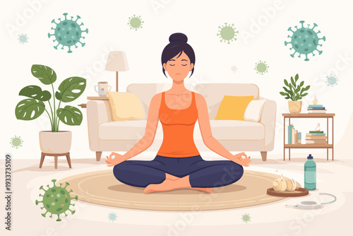 Calm Woman Practicing Yoga and Meditation at Home During Coronavirus Pandemic, Mindfulness and Mental Health Support in Self-Isolation and Social Distancing, Vector Illustration for Wellness.