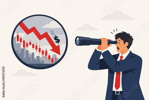 Businessman Looking Through Telescope at Stock Market Crash Vision with Red Downward Arrow and Candlestick Chart, Concept of Economic Crisis, Financial Recession and Market Downfall Forecast