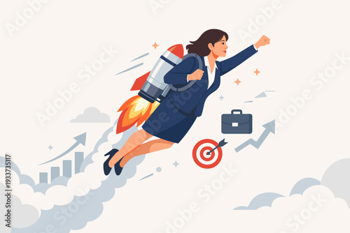Empowered Businesswoman Flying with Rocket Jetpack for Rapid Career Growth and Success, Female Leader Accelerating Professional Progress, Ambition, and Achievement in Corporate Business World.