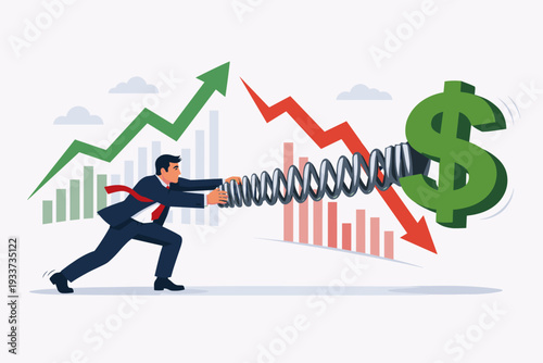 Businessman pushing a spring with a dollar sign against stock market charts showing growth and decline, representing financial volatility, market fluctuations, and investment risk management.