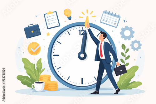 Successful Businessman Managing Time Efficiently for High Productivity with Large Clock, Calendar, Checklist, and Business Icons Illustration for Work Organization, Planning, and Deadline Achievement