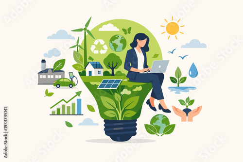 Sustainable Business Concept with Woman Working on Laptop Sitting on Green Lightbulb Surrounded by Renewable Energy, Wind Turbines, Solar Panels, Recycling, and Ecology Icons for ESG and CSR.
