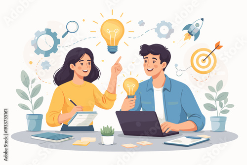 Business Team Working Together on Creative Solutions and Problem Solving, Teamwork and Innovation Concept with Light Bulbs, Rocket, Gears, and Target Icons for Startup Success Vector Illustration