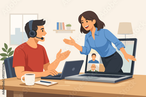 Video conference meeting with team during social distancing and remote work. Surreal concept of a woman emerging from a laptop screen to talk to a man with a headset in his home office workspace.