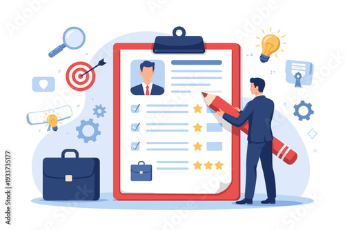 Professional Businessman Filling Out Resume or CV on Large Clipboard with Giant Pencil for Job Application, Recruitment, Skills Assessment, Career Development, Hiring Process, and Expertise Review