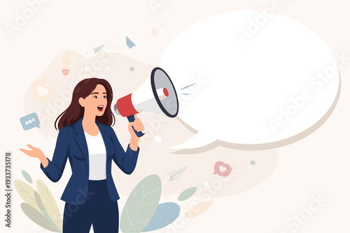 Professional woman in a suit shouting into a loudspeaker with a big empty speech bubble. Concept for marketing, advertising, business announcement, social media news, and public speaking.
