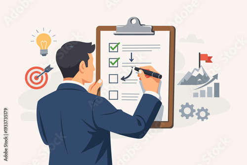 Businessman in a suit writing on a clipboard checklist for strategic planning, project management, and business development progress with icons for goals, ideas, growth, and task completion.