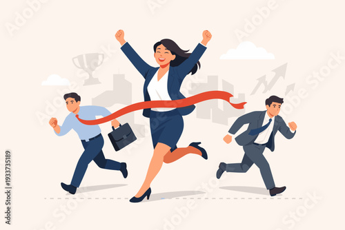 Successful Businesswoman Crossing Finish Line in Corporate Race, Female Leadership and Gender Equality Concept, Empowered Woman Winning Career Competition over Male Colleagues, Business Success.