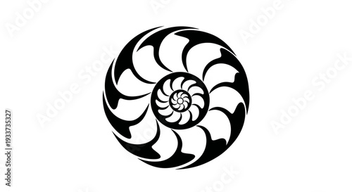 Abstract Spiral Nautilus Shell Logo Design, Fibonacci Sequence, Black and White