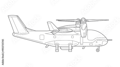 Futuristic Aircraft Design: An outline rendering of a next-generation tiltrotor aircraft, combining helicopter and fixed-wing capabilities for versatile aerial transport.