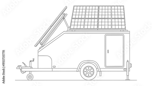 Solar Power Unit: A detailed line drawing showcases a solar power unit, illustrating the clean energy solution for powering equipment and machinery.