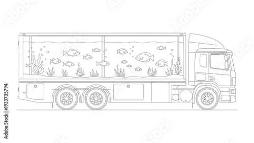 Aquarium Transport Truck: A meticulously detailed illustration depicts a specialized transport truck, its massive container transformed into an expansive aquarium.