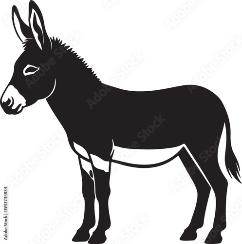 Silhouette of a black donkey standing profile view, with a white background, this common domestic animal is often used for work and transportation
