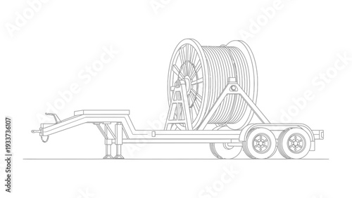 Cable Reel on Trailer: A detailed sketch of a heavy-duty cable reel mounted on a sturdy trailer, designed for efficient cable management and transport. 