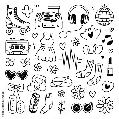 Retro Lifestyle Doodle Icon Set – Vintage Music & Fashion Elements