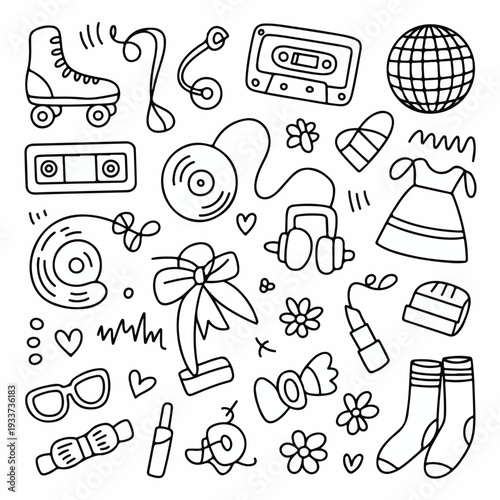 Retro Lifestyle Doodle Icon Set – Vintage Music & Fashion Elements