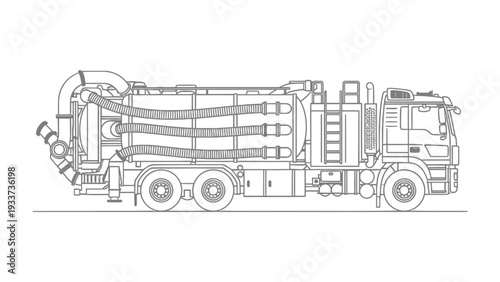 Industrial Powerhouse: A meticulously detailed outline of a powerful industrial vacuum truck, designed for efficiency and strength in challenging operational environments.