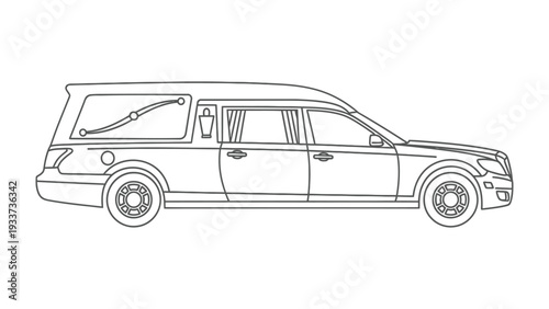 Funeral Hearse: A detailed illustration of a hearse, a vehicle designed for transporting the deceased. Evoking solemnity, respect, and the final journey. 