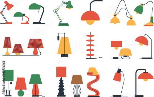 Modern colorful table and floor lamps vector illustration set isolated on white background, contemporary home lighting collection design