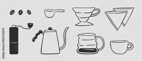 Devices for pour over coffee brewing method. Vector hand-drawn illustration doodles set. Pour-over, paper filter, grinder, beans, kettle. Equipments for drip-brewed coffee. Line art style