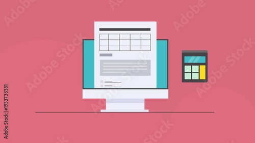 Computer screen renders detailed tax return document, systematic corporate accounting, financial calculation and digital audit control.