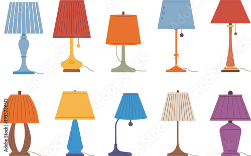 Colorful vintage table lamps vector illustration set isolated on white background, classic decorative interior lighting collection design