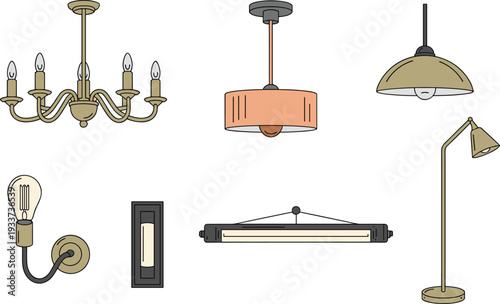 Vintage and modern lighting fixtures collection featuring chandelier pendant lamp wall sconce floor lamp switch and industrial tube light vector illustration