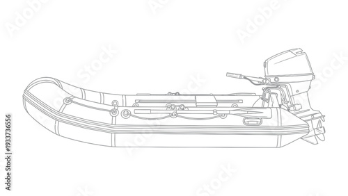 Inflatable Boat: A detailed line drawing showcases the design of an inflatable boat, highlighting its essential components for use in water-based activities.