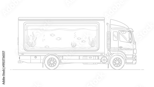 Aquarium Delivery Truck: A meticulously detailed outline of a truck designed for transporting a stunning aquarium, filled with aquatic plants, small fish and serene ambiance.