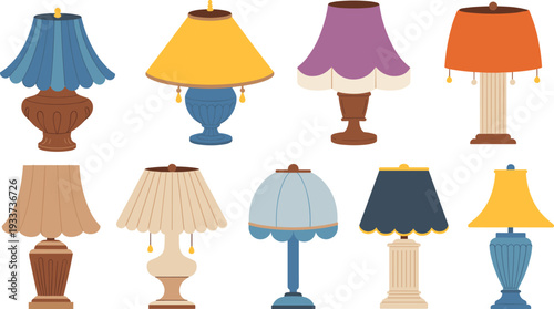 Vintage decorative table lamps vector illustration set isolated on white background, classic colorful interior lighting collection design