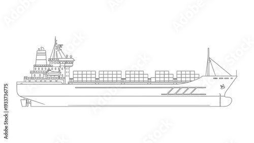 Maritime Marvel: A precise line drawing of a modern cargo ship, loaded with shipping containers, meticulously rendered against an empty canvas.