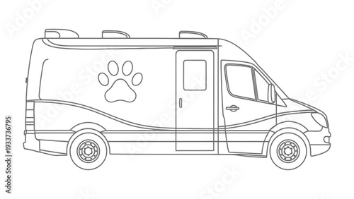 Mobile Pet Grooming Unit: A sleek and professionally designed pet grooming van, emblazoned with a paw print emblem. Perfect for showcasing professional animal care services and business branding.