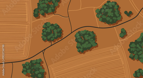 A stylized top-down view of an agricultural landscape features winding black roads dividing geometric brown fields, textured plowing lines, and scattered clusters of leafy green trees casting shadows