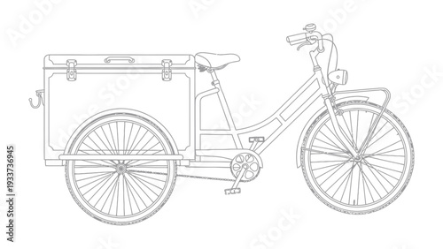 Cargo Bicycle in Monochrome: This illustration showcases a cargo bicycle, designed for transporting goods, featuring a spacious compartment and a classic design.