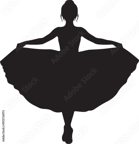 Silhouette of a ballerina elegantly posing with her arms outstretched and skirt flowing, a graceful performance captured in a black and white graphic