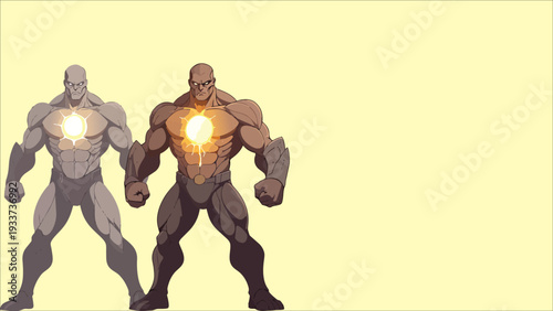 Powerful muscular superhero characters with glowing energy core in chest, strong fantasy comic style warriors standing in dynamic pose, detailed vector illustration isolated background.