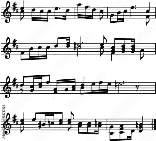 Musical composition in a silhouette style with notes and rests