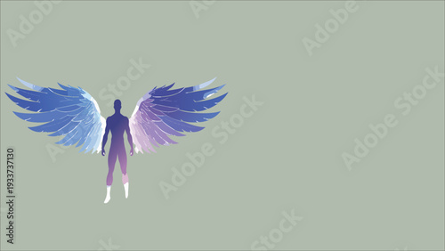 Abstract human silhouette with large blue and purple angel wings vector illustration on soft green background, spiritual freedom concept, celestial fantasy art design.
