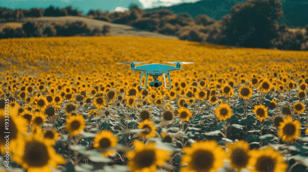 Obraz premium Drone Flying Over Bright Sunflower Field