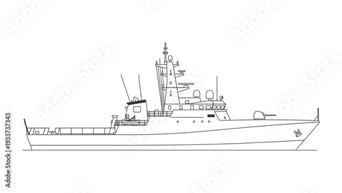 Naval vessel at Sea: A detailed outline of a naval vessel, meticulously illustrated against the open sea, showcasing its robust design and maritime prowess.
