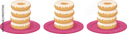 Three stacks of glazed donuts on pink plates, perfect for bakery or cafe advertising